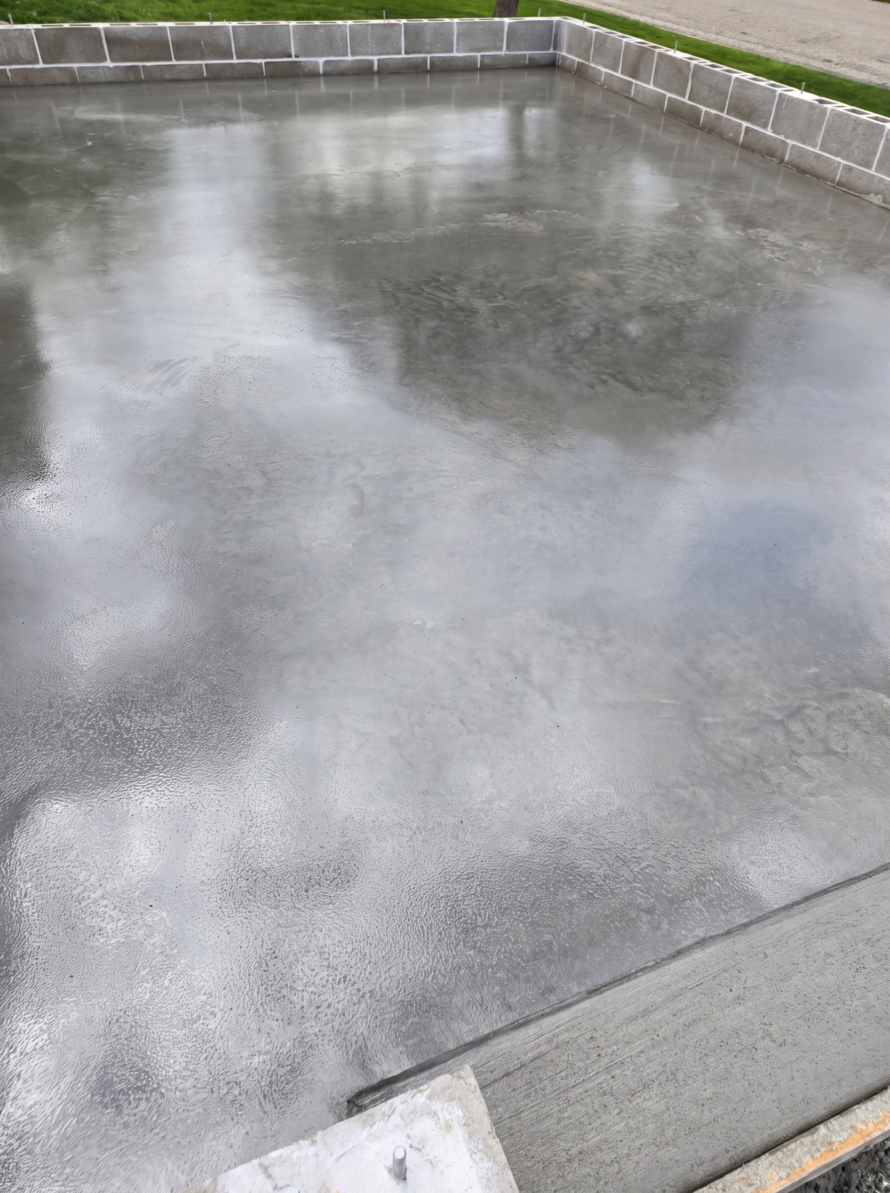 Freshly finished concrete foundation slab inside a block stem wall